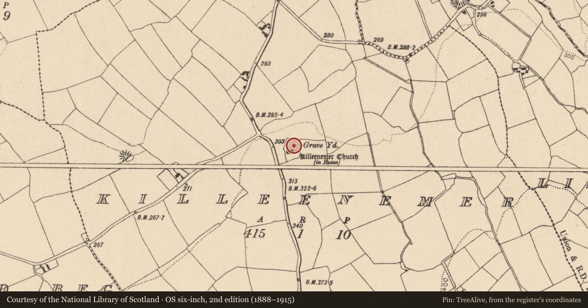 Ordnance Survey six-inch map, 2nd edition (1888–1915) covering the location of Ecclesiastical enclosure, Killeenemer, County Cork, with a pin at the register's coordinates