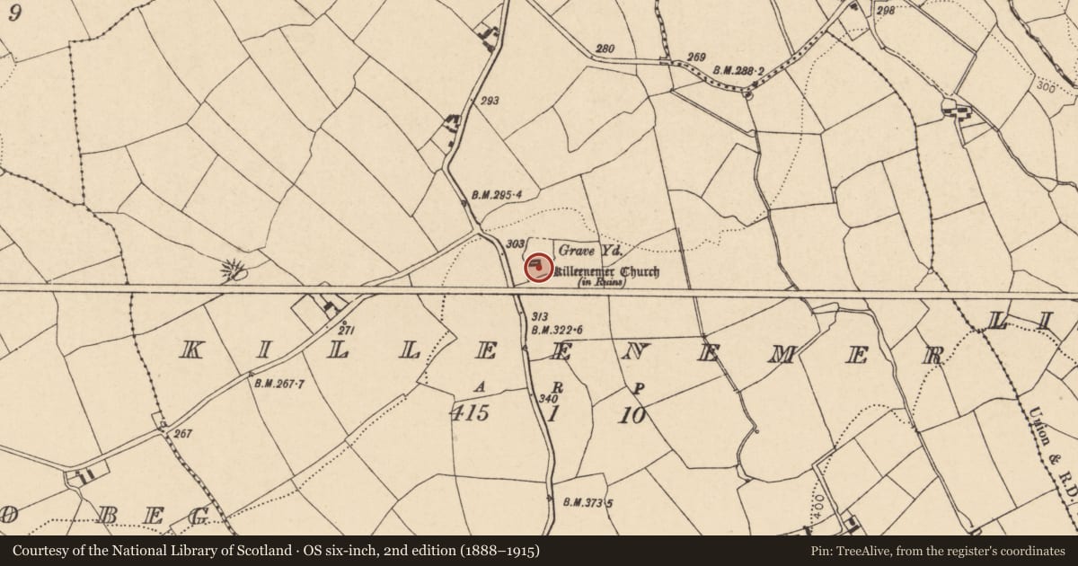 Ordnance Survey six-inch map, 2nd edition (1888–1915) covering the location of Church, Killeenemer, County Cork, with a pin at the register's coordinates
