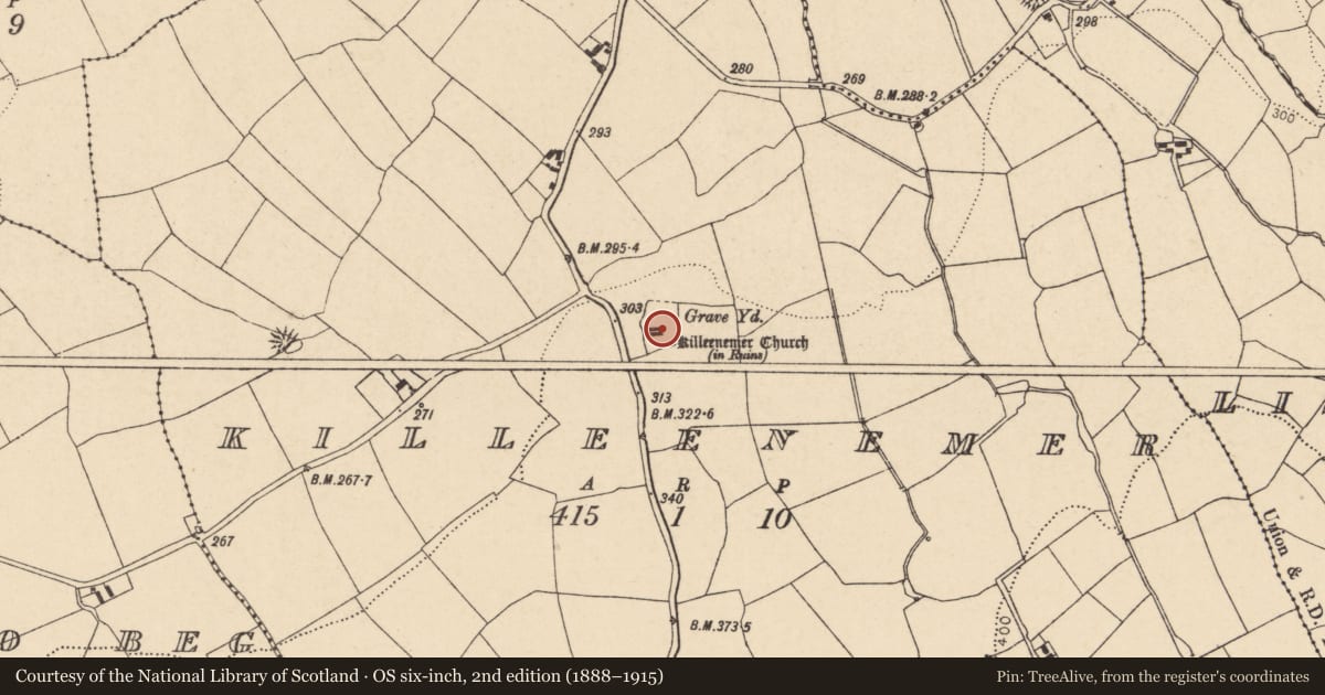 Ordnance Survey six-inch map, 2nd edition (1888–1915) covering the location of Graveyard, Killeenemer, County Cork, with a pin at the register's coordinates