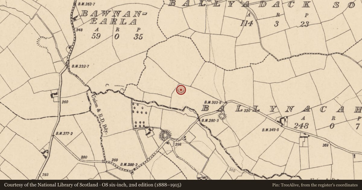 Ordnance Survey six-inch map, 2nd edition (1888–1915) covering the location of Ringfort - rath, Ballynacaheragh, County Cork, with a pin at the register's coordinates