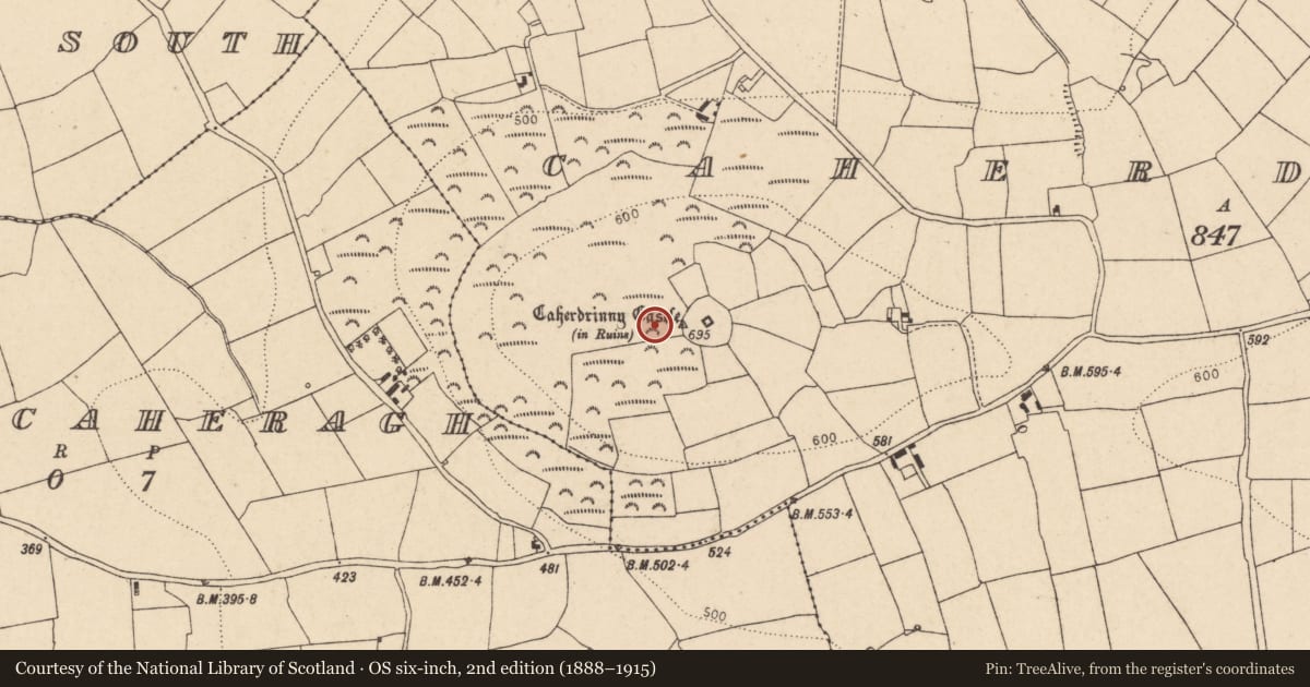 Ordnance Survey six-inch map, 2nd edition (1888–1915) covering the location of Hillfort, Caherdrinny (Condons and Clongibbon By., Glanworth Par.), County Cork, with a pin at the register's coordinates