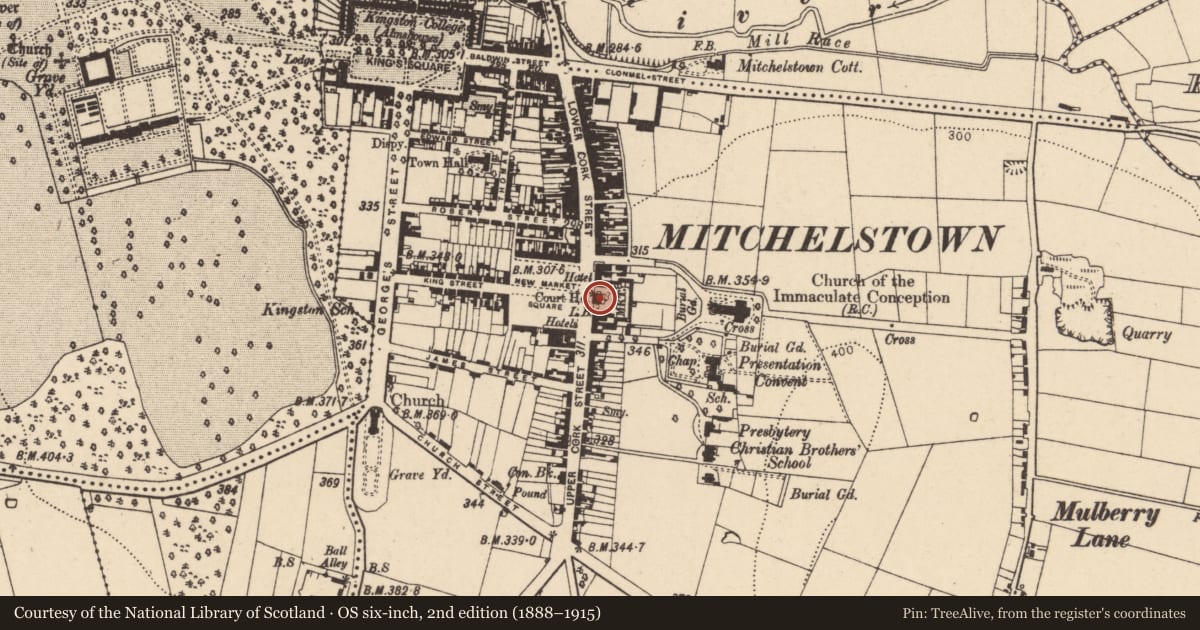 Ordnance Survey six-inch map, 2nd edition (1888–1915) covering the location of Market-house, Brigown, County Cork, with a pin at the register's coordinates