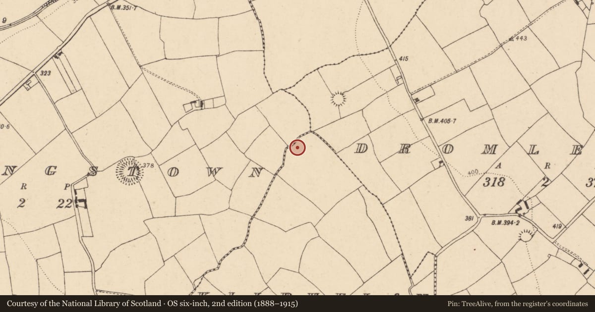 Ordnance Survey six-inch map, 2nd edition (1888–1915) covering the location of Fulacht fia, Kilphelan, County Cork, with a pin at the register's coordinates