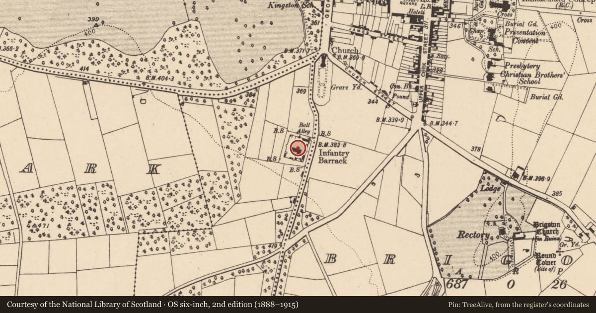 Ordnance Survey six-inch map, 2nd edition (1888–1915) covering the location of Barracks, Cloonlough, County Cork, with a pin at the register's coordinates