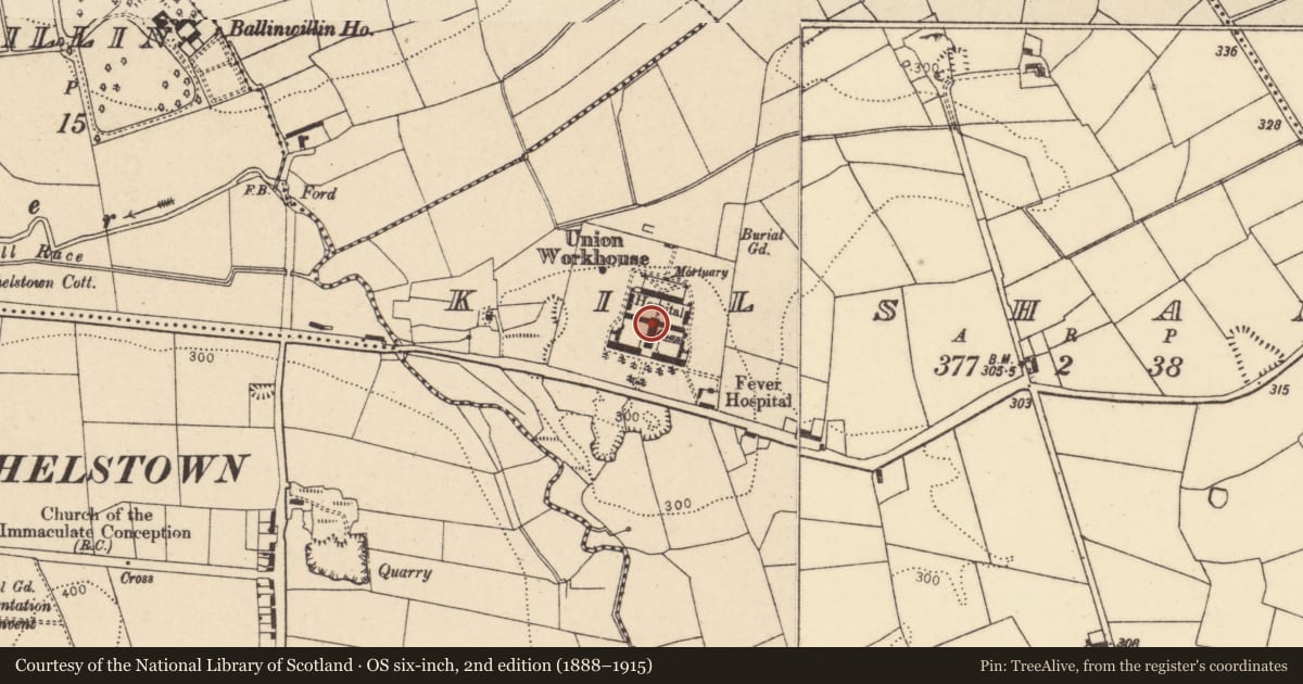 Ordnance Survey six-inch map, 2nd edition (1888–1915) covering the location of Workhouse, Kilshanny, County Cork, with a pin at the register's coordinates