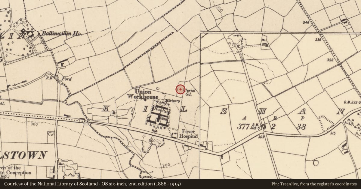 Ordnance Survey six-inch map, 2nd edition (1888–1915) covering the location of Graveyard, Kilshanny, County Cork, with a pin at the register's coordinates