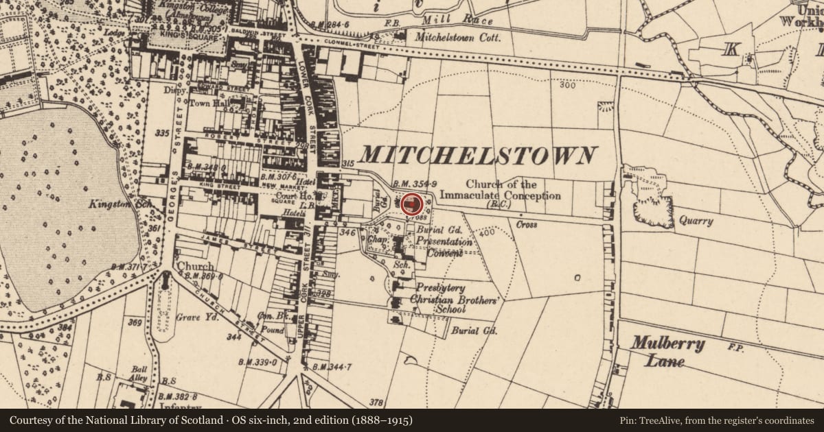 Ordnance Survey six-inch map, 2nd edition (1888–1915) covering the location of Church, Brigown, County Cork, with a pin at the register's coordinates