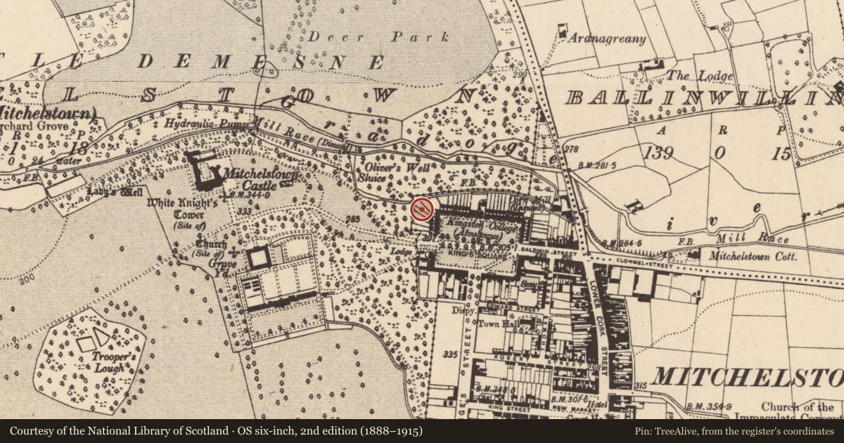 Ordnance Survey six-inch map, 2nd edition (1888–1915) covering the location of Historic town, Brigown, Mitchelstown, County Cork, with a pin at the register's coordinates