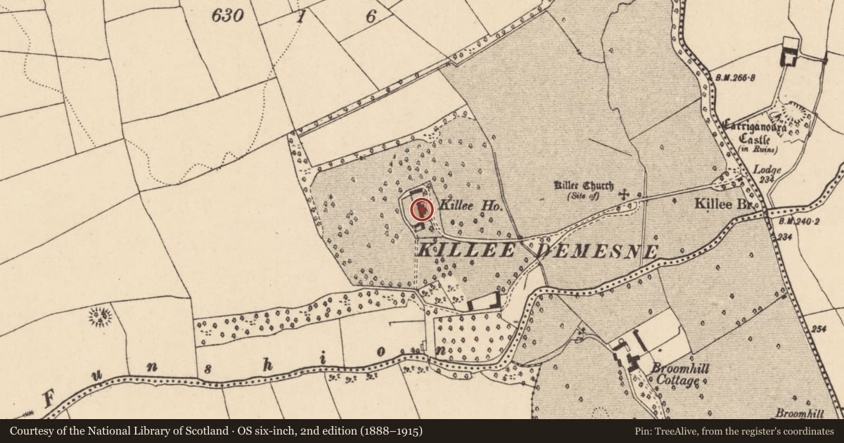 Ordnance Survey six-inch map, 2nd edition (1888–1915) covering the location of Country house, Killee, County Cork, with a pin at the register's coordinates