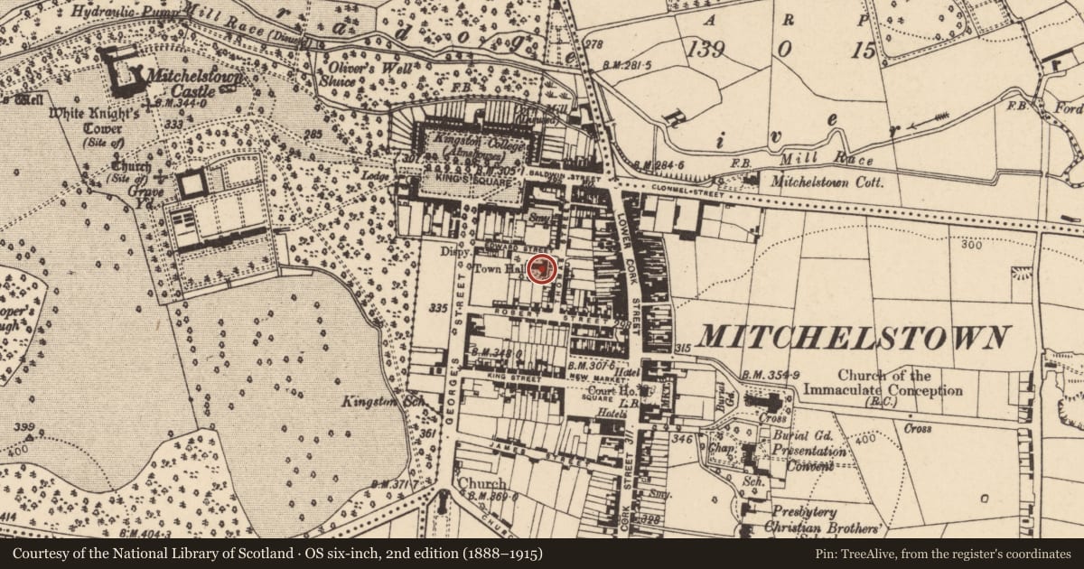 Ordnance Survey six-inch map, 2nd edition (1888–1915) covering the location of Church, Brigown, County Cork, with a pin at the register's coordinates