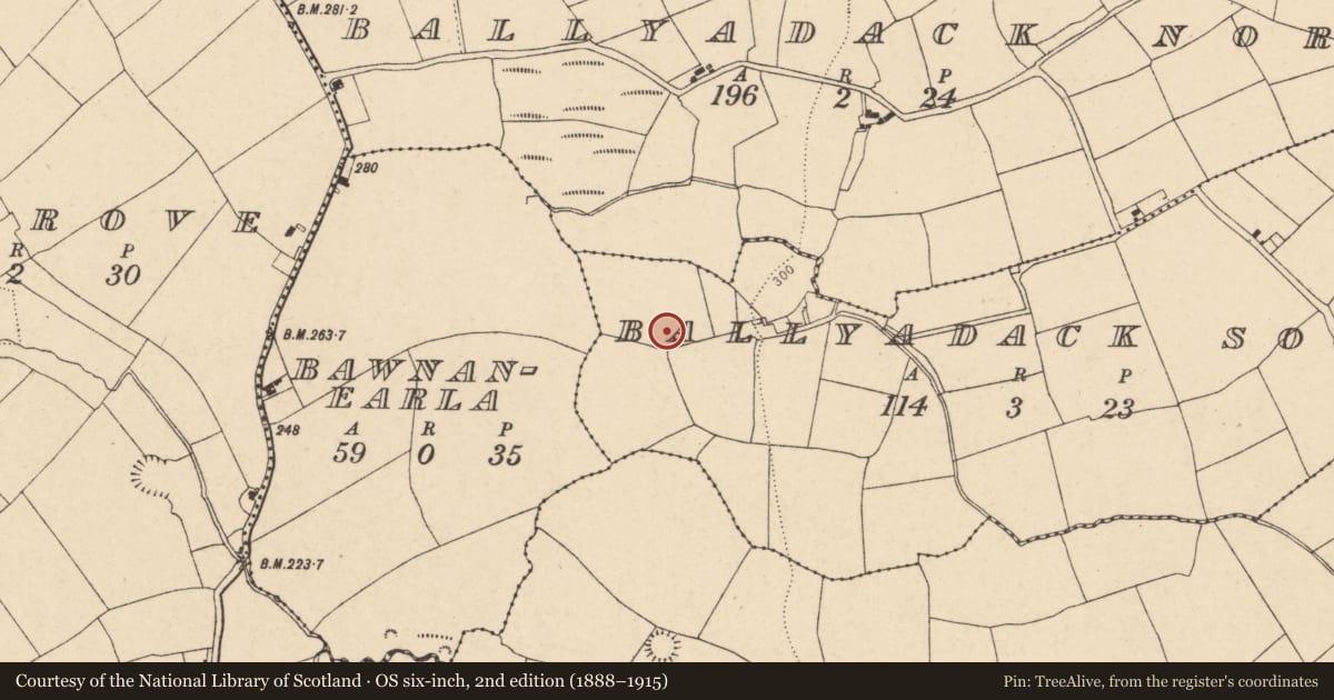 Ordnance Survey six-inch map, 2nd edition (1888–1915) covering the location of Enclosure, Ballyadack South, County Cork, with a pin at the register's coordinates