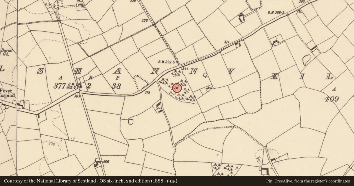Ordnance Survey six-inch map, 2nd edition (1888–1915) covering the location of Cist, Kilshanny, County Cork, with a pin at the register's coordinates
