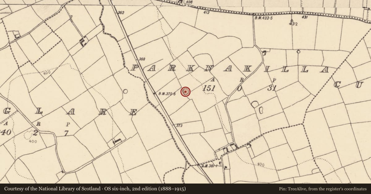 Ordnance Survey six-inch map, 2nd edition (1888–1915) covering the location of Quarry, Parknakilla, County Cork, with a pin at the register's coordinates
