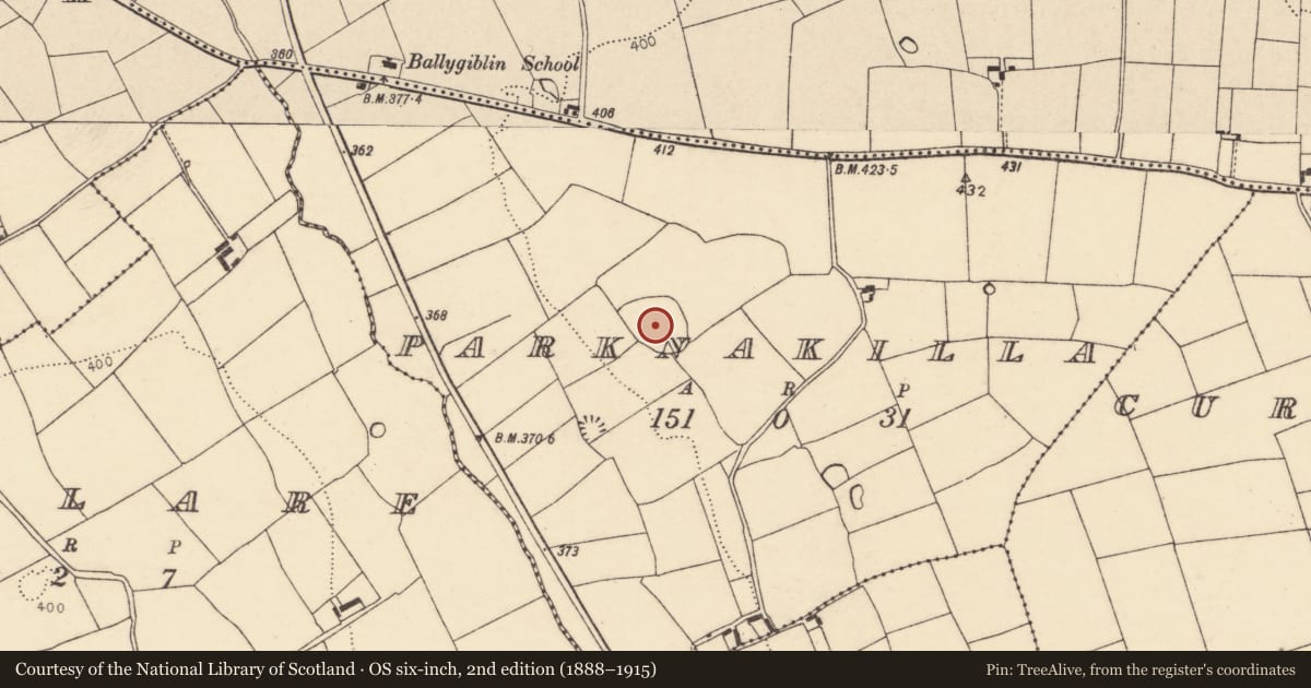 Ordnance Survey six-inch map, 2nd edition (1888–1915) covering the location of Enclosure, Parknakilla, County Cork, with a pin at the register's coordinates