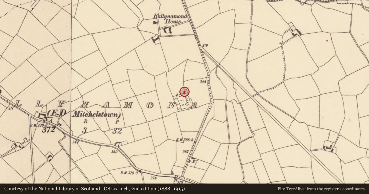 Ordnance Survey six-inch map, 2nd edition (1888–1915) covering the location of Moated site, Ballynamona (Condons and Clongibbon By., Brigown Par.), County Cork, with a pin at the register's coordinates
