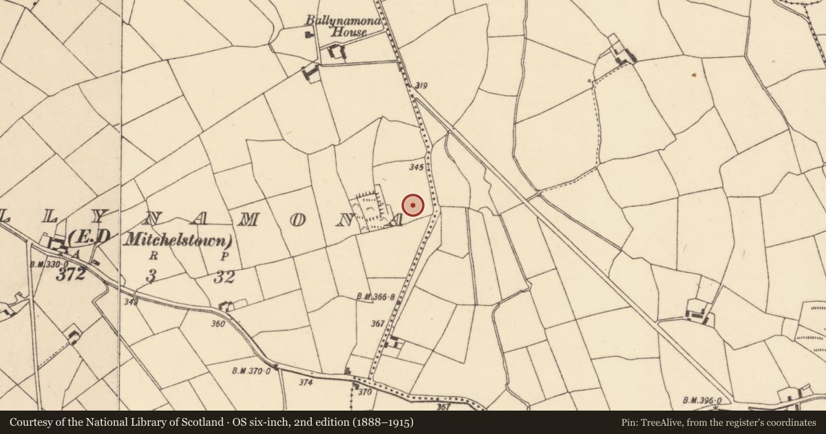 Ordnance Survey six-inch map, 2nd edition (1888–1915) covering the location of Moated site, Ballynamona (Condons and Clongibbon By., Brigown Par.), County Cork, with a pin at the register's coordinates