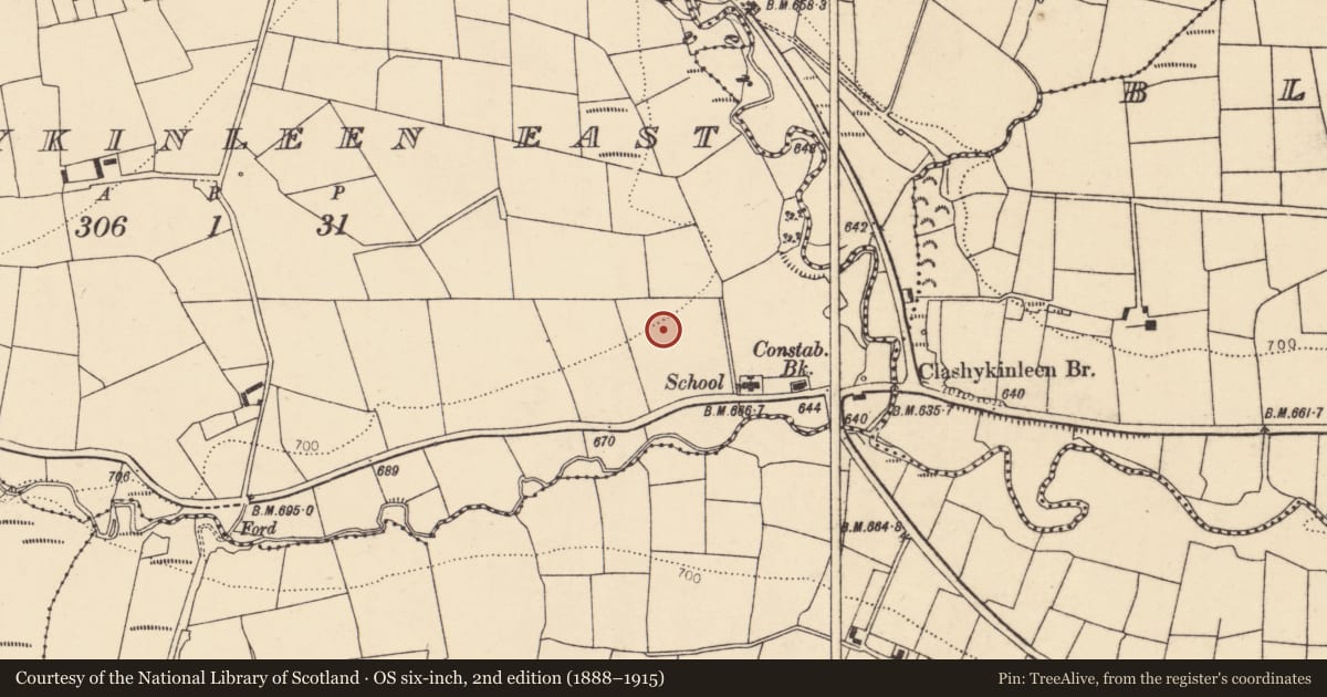 Ordnance Survey six-inch map, 2nd edition (1888–1915) covering the location of Kiln - lime, Clashykinleen East, County Cork, with a pin at the register's coordinates
