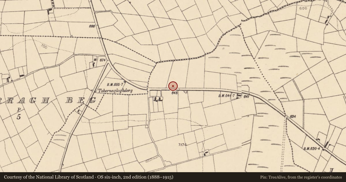 Ordnance Survey six-inch map, 2nd edition (1888–1915) covering the location of Fulacht fia, Urraghil Beg, County Cork, with a pin at the register's coordinates