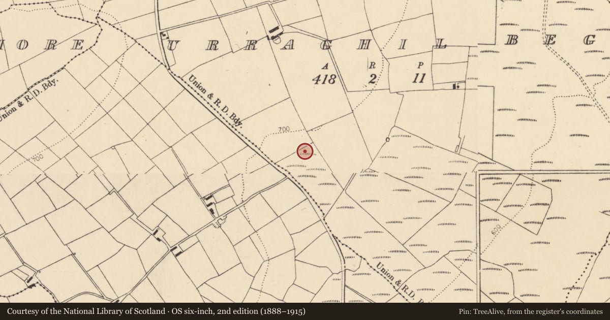 Ordnance Survey six-inch map, 2nd edition (1888–1915) covering the location of Fulacht fia, Urraghil Beg, County Cork, with a pin at the register's coordinates