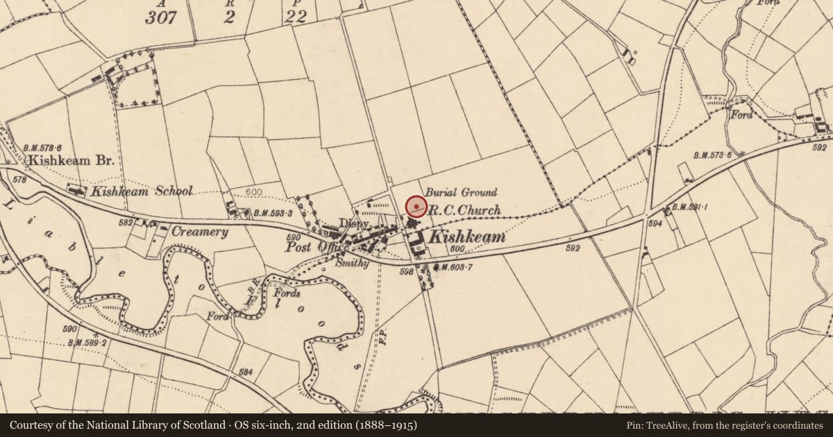 Ordnance Survey six-inch map, 2nd edition (1888–1915) covering the location of Burial ground, Kishkeam Lower, County Cork, with a pin at the register's coordinates
