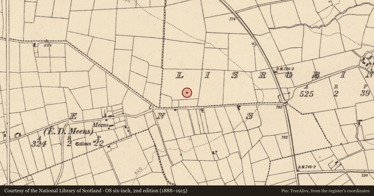 Ordnance Survey six-inch map, 2nd edition (1888–1915) covering the location of Enclosure, Lisrobin West, County Cork, with a pin at the register's coordinates