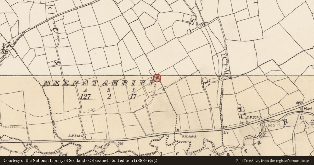Ordnance Survey six-inch map, 2nd edition (1888–1915) covering the location of House - vernacular house, Meenatarriff, County Cork, with a pin at the register's coordinates