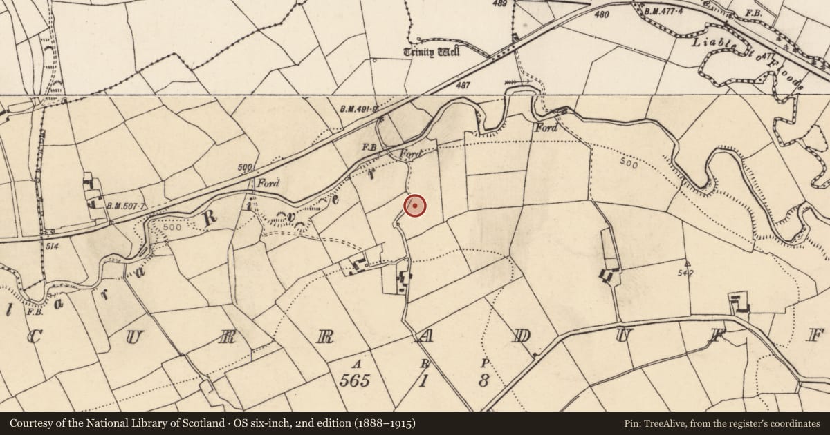 Ordnance Survey six-inch map, 2nd edition (1888–1915) covering the location of Fulacht fia, Curraduff, County Cork, with a pin at the register's coordinates