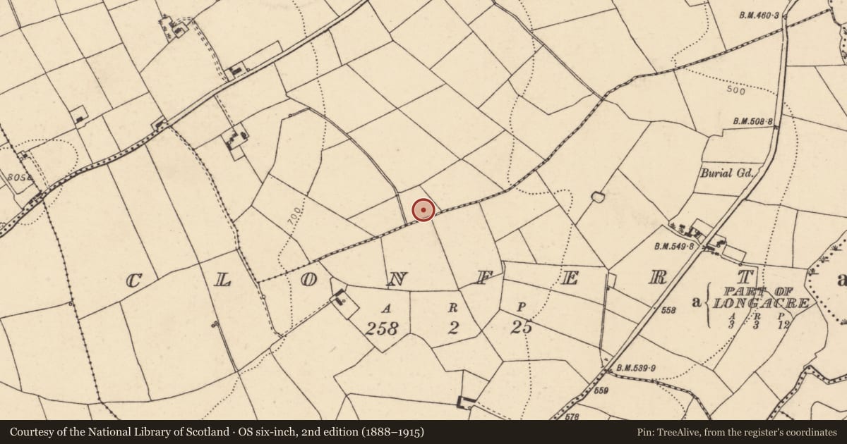Ordnance Survey six-inch map, 2nd edition (1888–1915) covering the location of Burnt mound, Curraduff, County Cork, with a pin at the register's coordinates