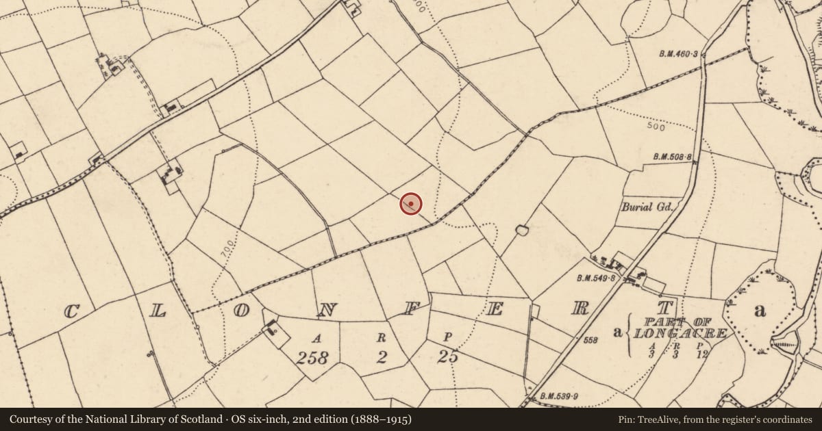 Ordnance Survey six-inch map, 2nd edition (1888–1915) covering the location of Fulacht fia, Curraduff, County Cork, with a pin at the register's coordinates