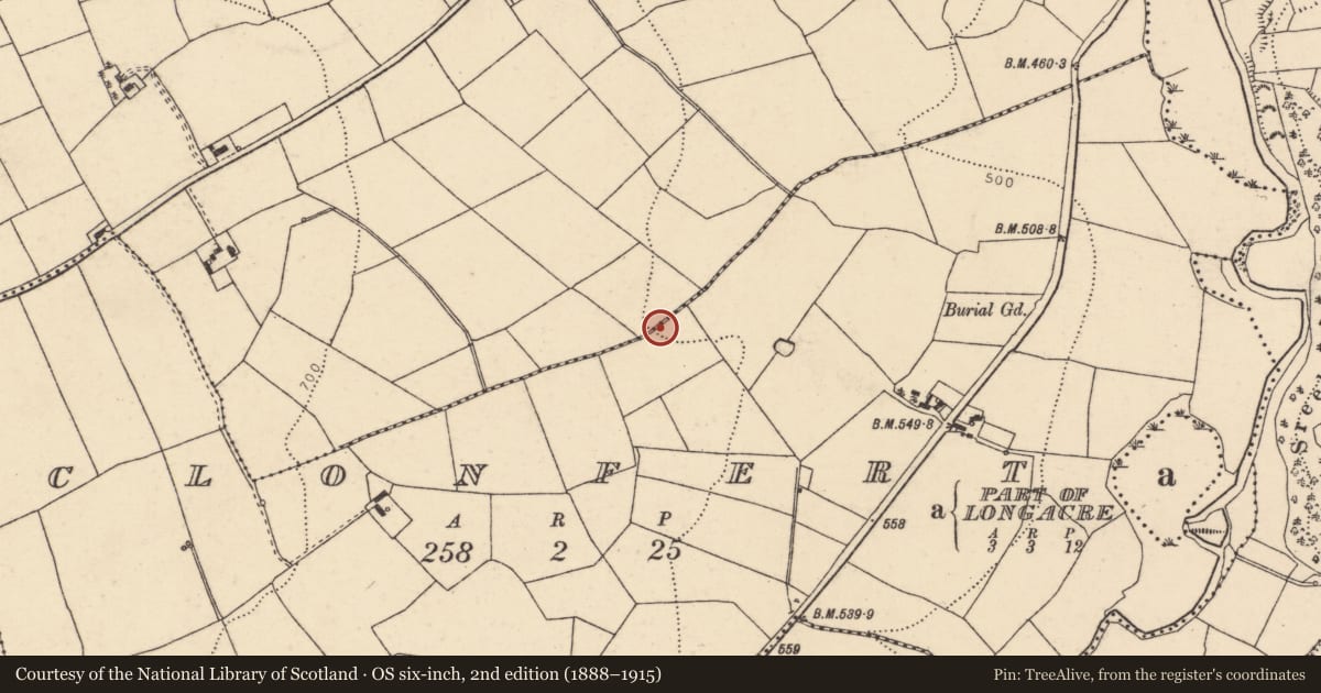 Ordnance Survey six-inch map, 2nd edition (1888–1915) covering the location of Fulacht fia, Curraduff, County Cork, with a pin at the register's coordinates