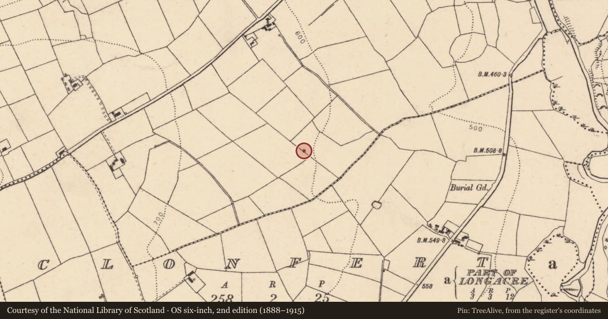 Ordnance Survey six-inch map, 2nd edition (1888–1915) covering the location of Fulacht fia, Curraduff, County Cork, with a pin at the register's coordinates
