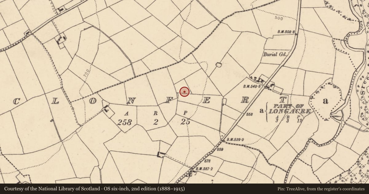 Ordnance Survey six-inch map, 2nd edition (1888–1915) covering the location of Fulacht fia, Clonfert, County Cork, with a pin at the register's coordinates