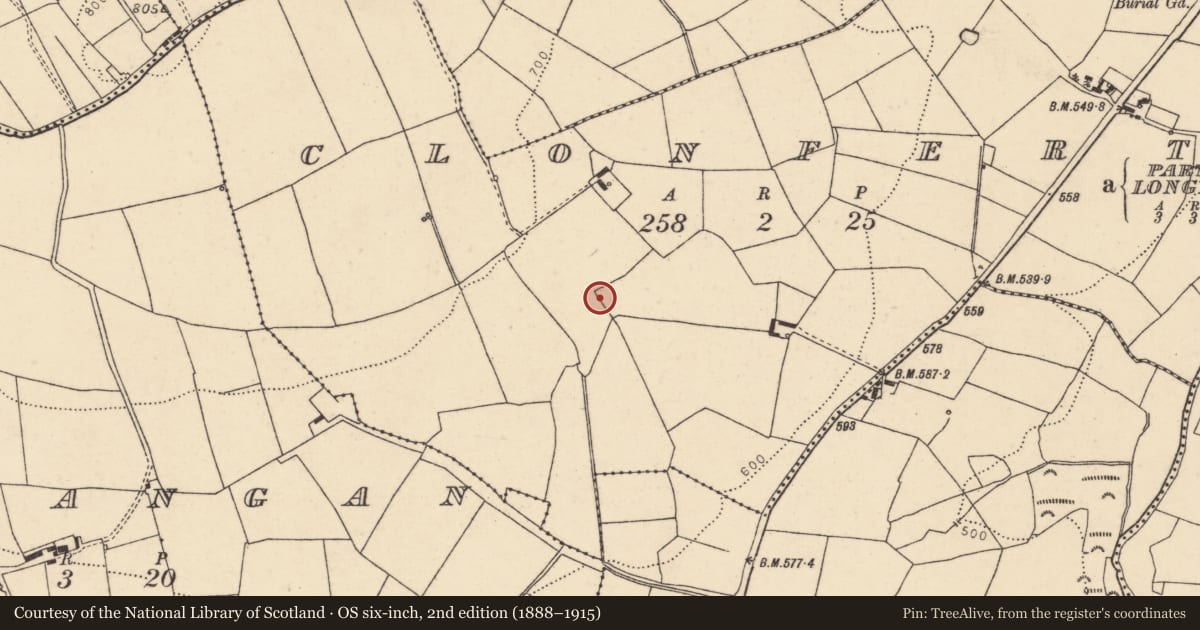 Ordnance Survey six-inch map, 2nd edition (1888–1915) covering the location of Settlement cluster, Clonfert, County Cork, with a pin at the register's coordinates