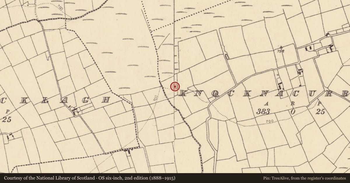 Ordnance Survey six-inch map, 2nd edition (1888–1915) covering the location of Fulacht fia, Knocknacurragh, County Cork, with a pin at the register's coordinates