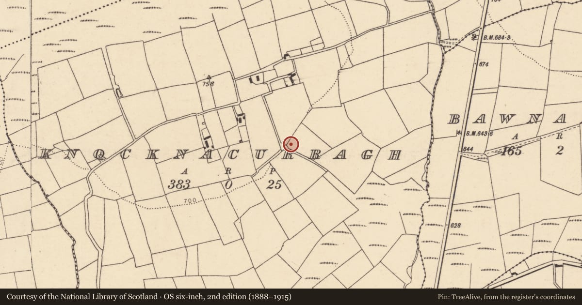 Ordnance Survey six-inch map, 2nd edition (1888–1915) covering the location of Fulacht fia, Knocknacurragh, County Cork, with a pin at the register's coordinates
