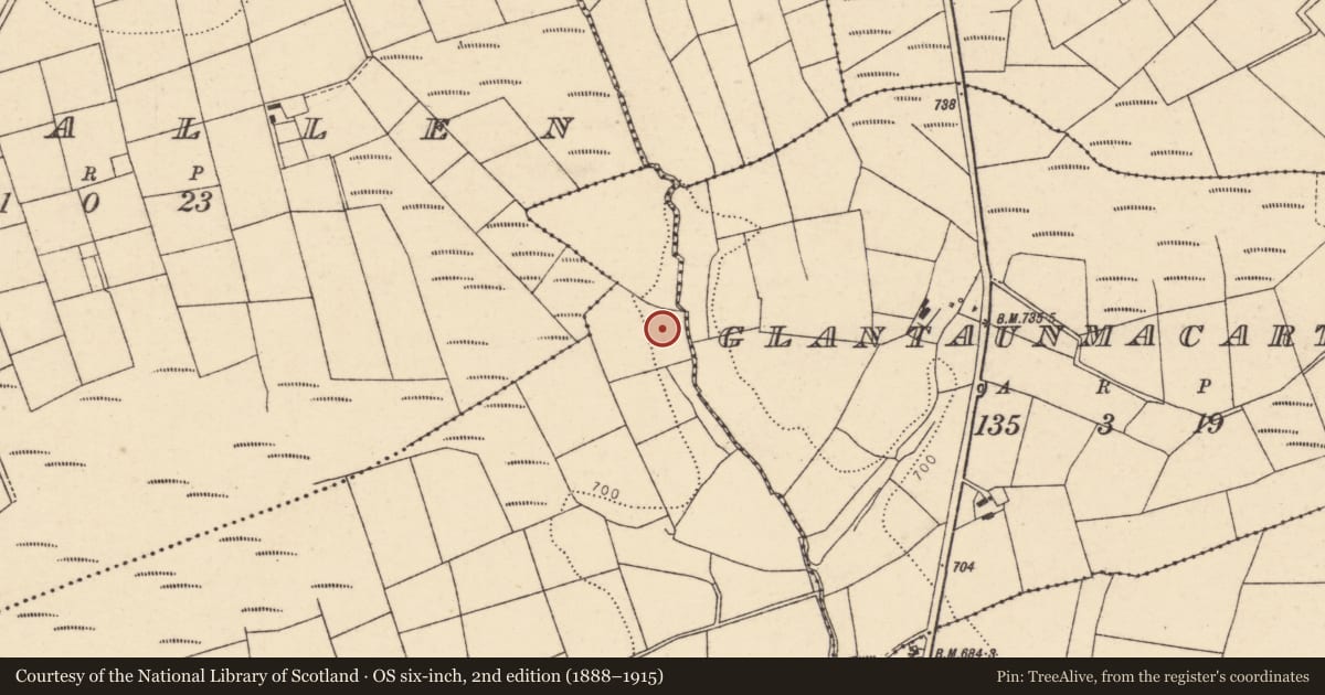 Ordnance Survey six-inch map, 2nd edition (1888–1915) covering the location of Earthwork, Knocknacurragh, County Cork, with a pin at the register's coordinates