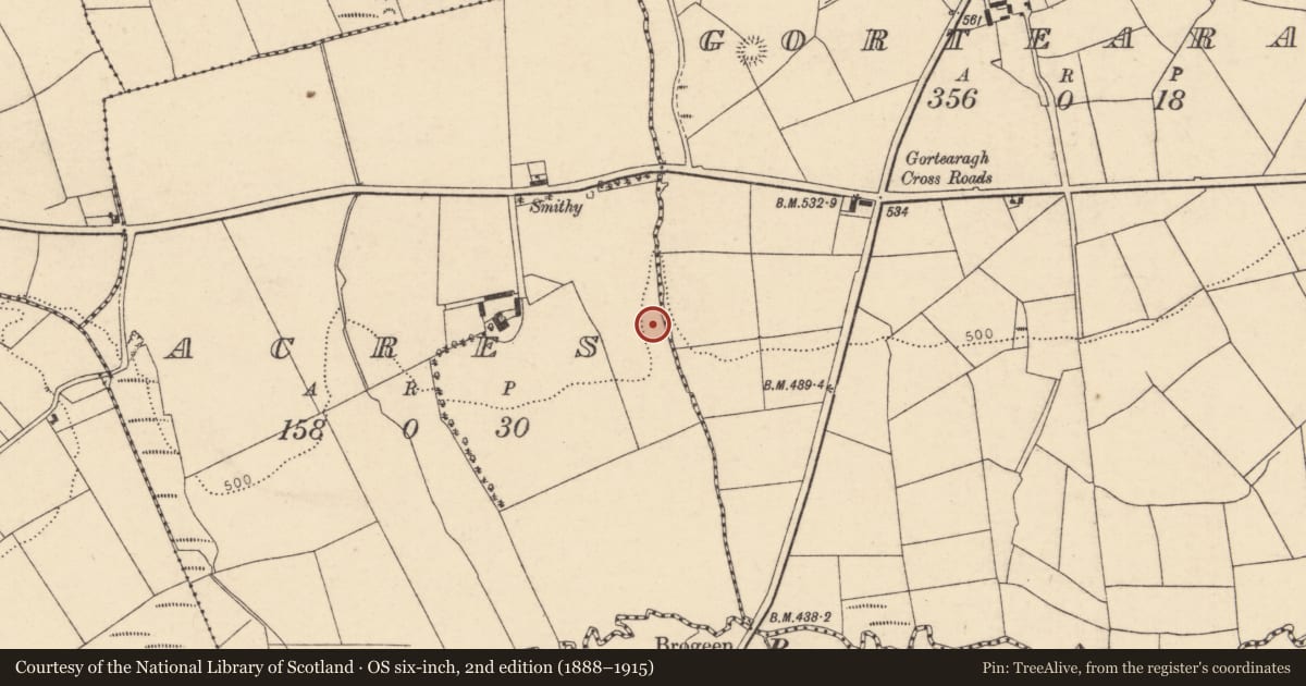 Ordnance Survey six-inch map, 2nd edition (1888–1915) covering the location of Fulacht fia, Acres, County Cork, with a pin at the register's coordinates