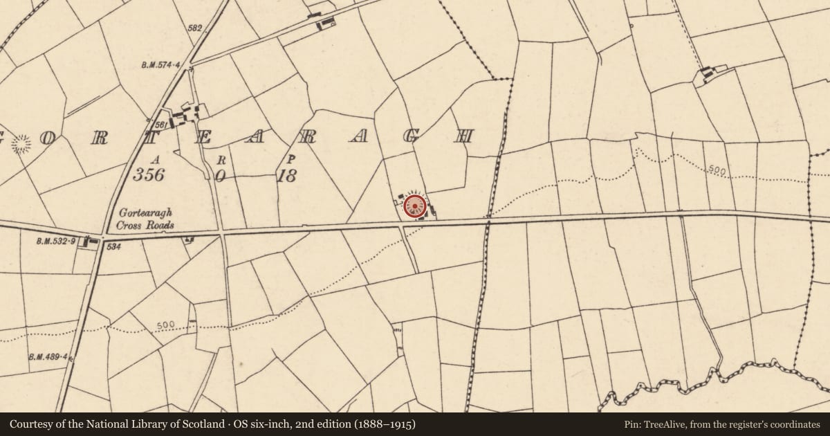 Ordnance Survey six-inch map, 2nd edition (1888–1915) covering the location of Ringfort - rath, Gortearagh, County Cork, with a pin at the register's coordinates