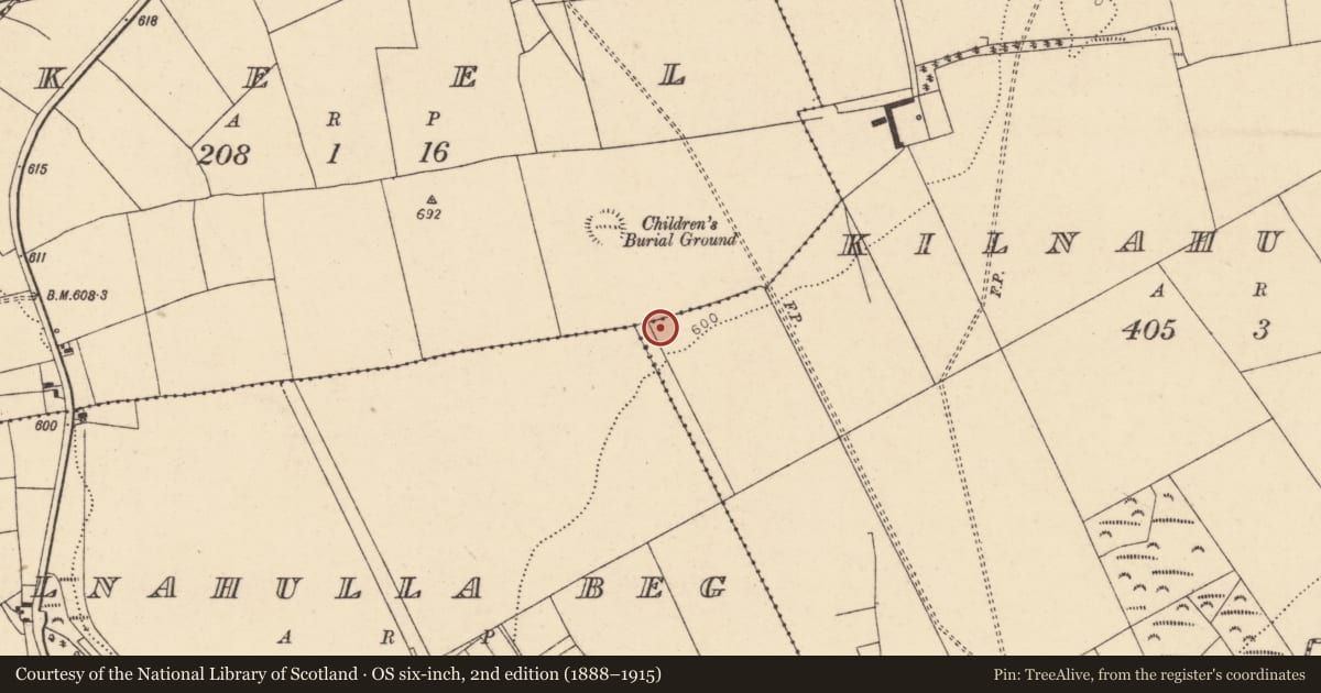 Ordnance Survey six-inch map, 2nd edition (1888–1915) covering the location of Fulacht fia, Kilnahulla More, County Cork, with a pin at the register's coordinates