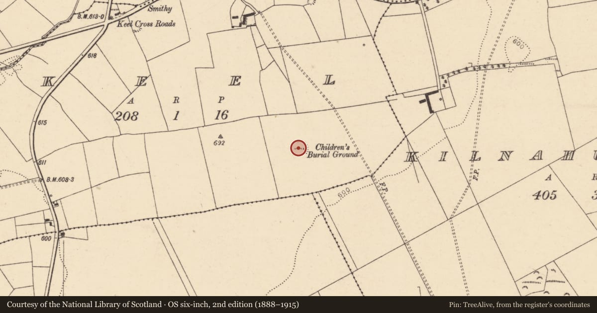 Ordnance Survey six-inch map, 2nd edition (1888–1915) covering the location of Burial ground, Keel, County Cork, with a pin at the register's coordinates