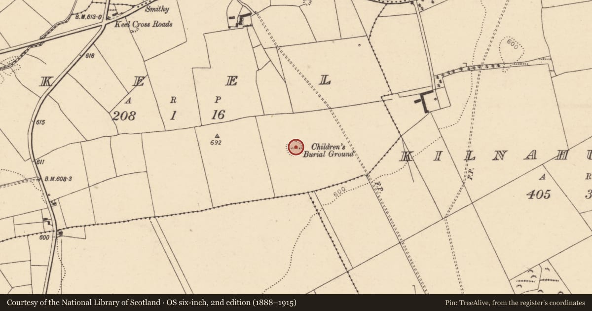 Ordnance Survey six-inch map, 2nd edition (1888–1915) covering the location of Church, Keel, County Cork, with a pin at the register's coordinates