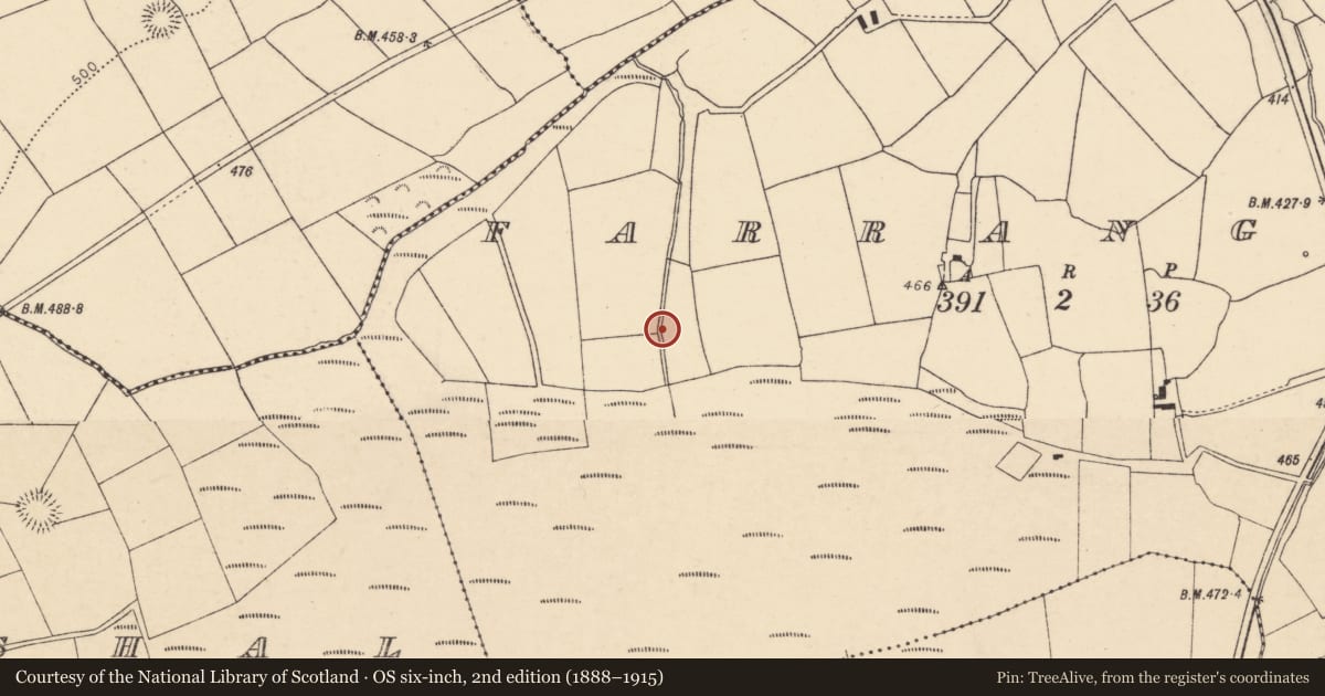 Ordnance Survey six-inch map, 2nd edition (1888–1915) covering the location of Fulacht fia, Farrangeel, County Cork, with a pin at the register's coordinates