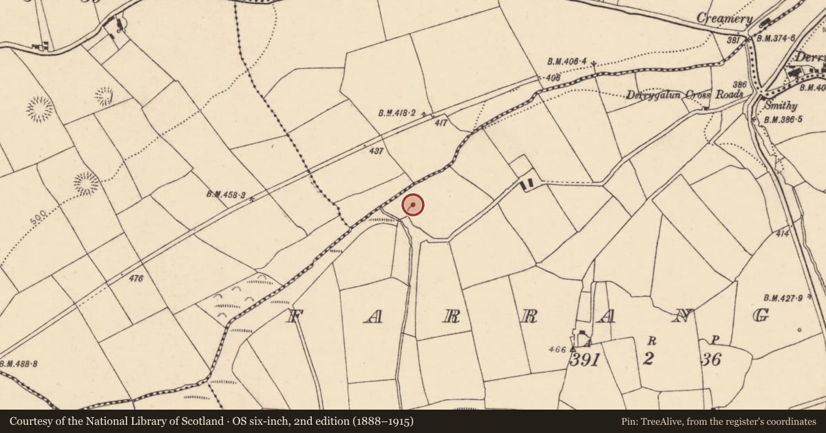 Ordnance Survey six-inch map, 2nd edition (1888–1915) covering the location of Ringfort - rath, Farrangeel, County Cork, with a pin at the register's coordinates