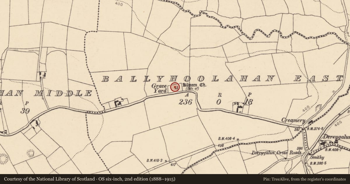 Ordnance Survey six-inch map, 2nd edition (1888–1915) covering the location of Graveyard, Ballyhoolahan East, County Cork, with a pin at the register's coordinates