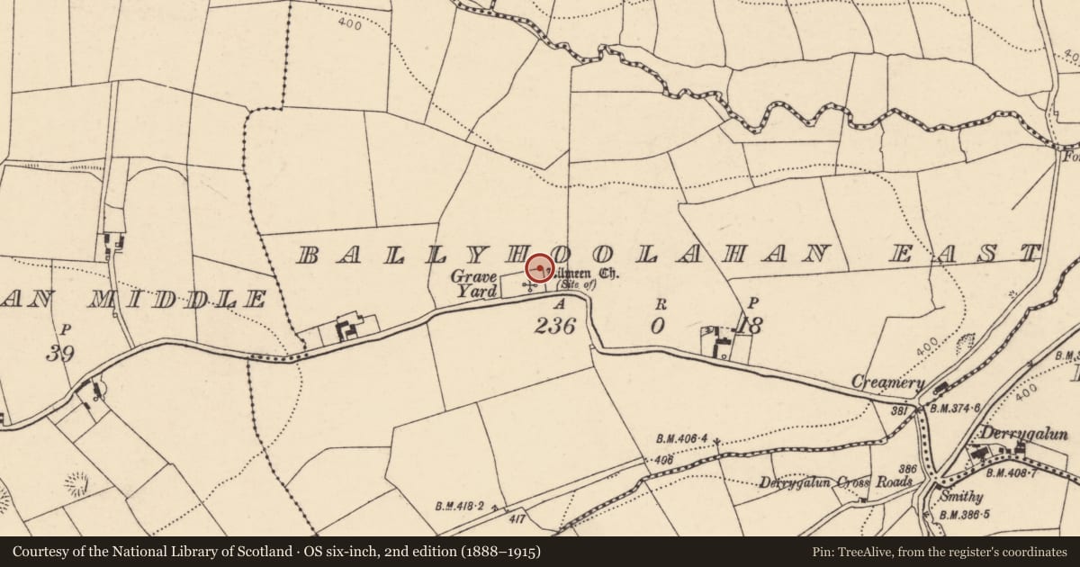 Ordnance Survey six-inch map, 2nd edition (1888–1915) covering the location of Ritual site - holy well, Ballyhoolahan East, County Cork, with a pin at the register's coordinates