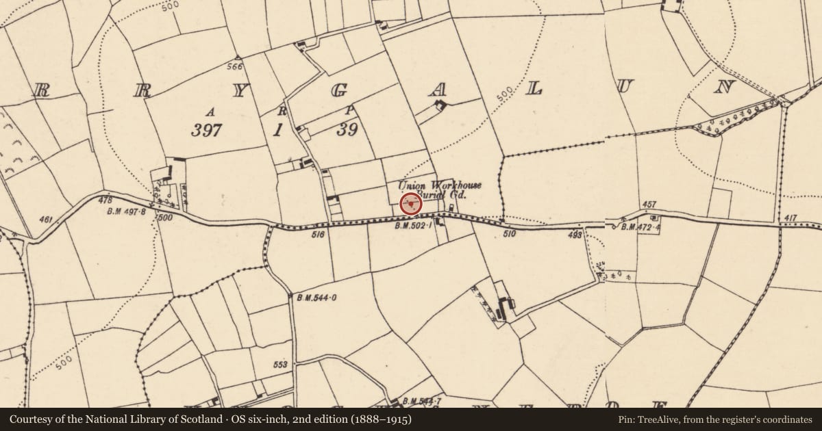 Ordnance Survey six-inch map, 2nd edition (1888–1915) covering the location of Burial ground, Derrygalun, County Cork, with a pin at the register's coordinates