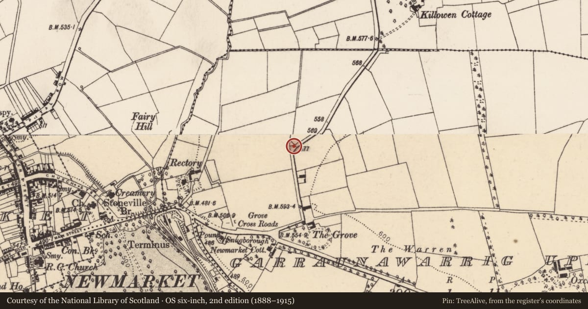 Ordnance Survey six-inch map, 2nd edition (1888–1915) covering the location of Burial ground, Garraunawarrig Upper, County Cork, with a pin at the register's coordinates