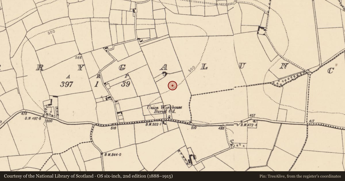 Ordnance Survey six-inch map, 2nd edition (1888–1915) covering the location of Standing stone, Derrygalun, County Cork, with a pin at the register's coordinates