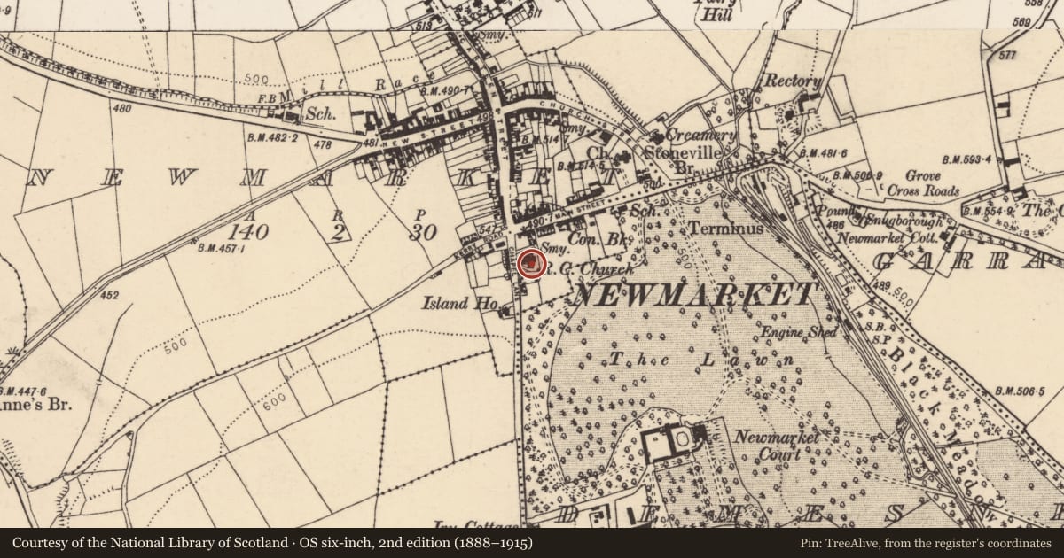 Ordnance Survey six-inch map, 2nd edition (1888–1915) covering the location of Church, Newmarket, County Cork, with a pin at the register's coordinates