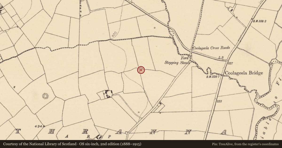 Ordnance Survey six-inch map, 2nd edition (1888–1915) covering the location of Fulacht fia, Rathranna, County Cork, with a pin at the register's coordinates